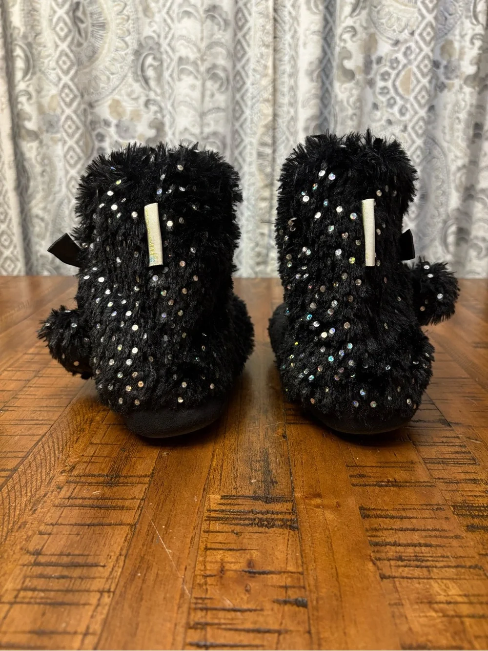 Capelli of New York Black Faux-Fur Sequin Ankle Boot Slippers with Bow Accent